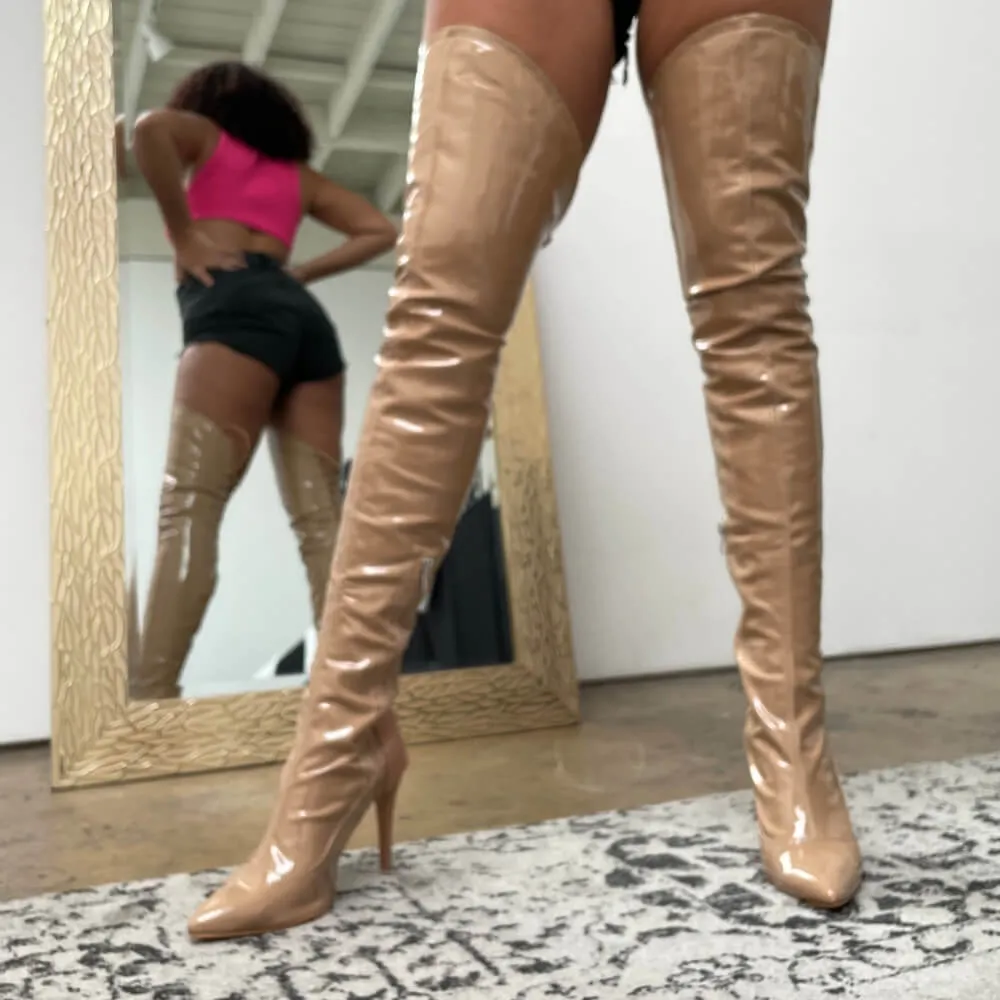 Savage Thigh High - Dark Tan Wet Look - Rubber Sole