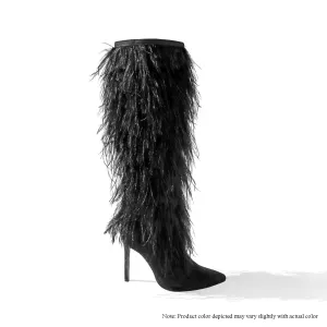 SCANDALOUS-3 THIGH HIGH BOOTS W/ OSTRICH FEATHER - BLACK