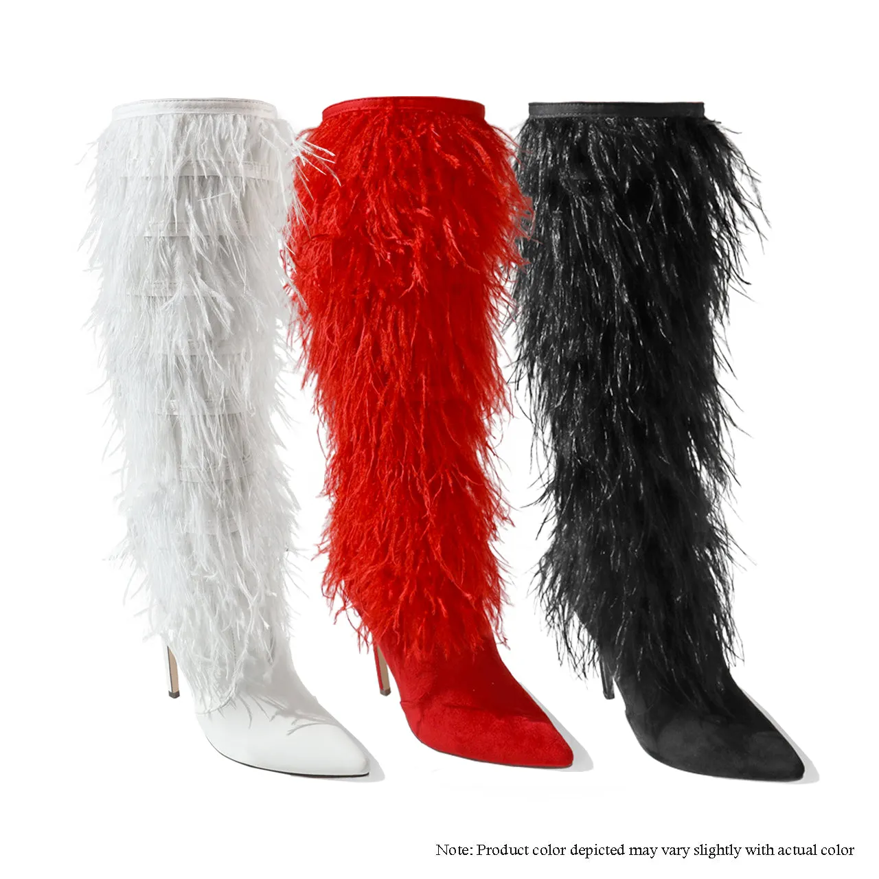 SCANDALOUS-3 THIGH HIGH BOOTS W/ OSTRICH FEATHER - BLACK