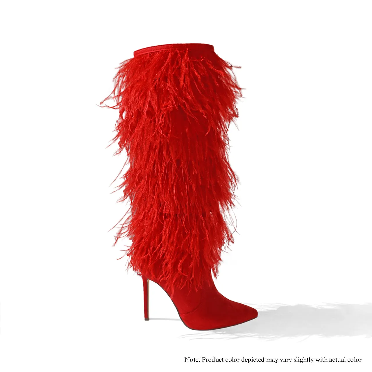 SCANDALOUS-3 THIGH HIGH BOOTS W/ OSTRICH FEATHER - RED