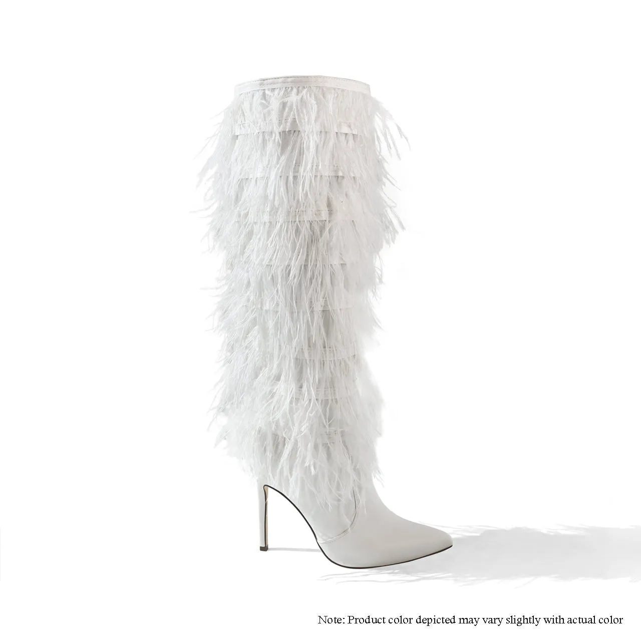 SCANDALOUS-3 THIGH HIGH BOOTS W/ OSTRICH FEATHER - WHITE