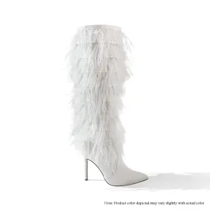 SCANDALOUS-3 THIGH HIGH BOOTS W/ OSTRICH FEATHER - WHITE