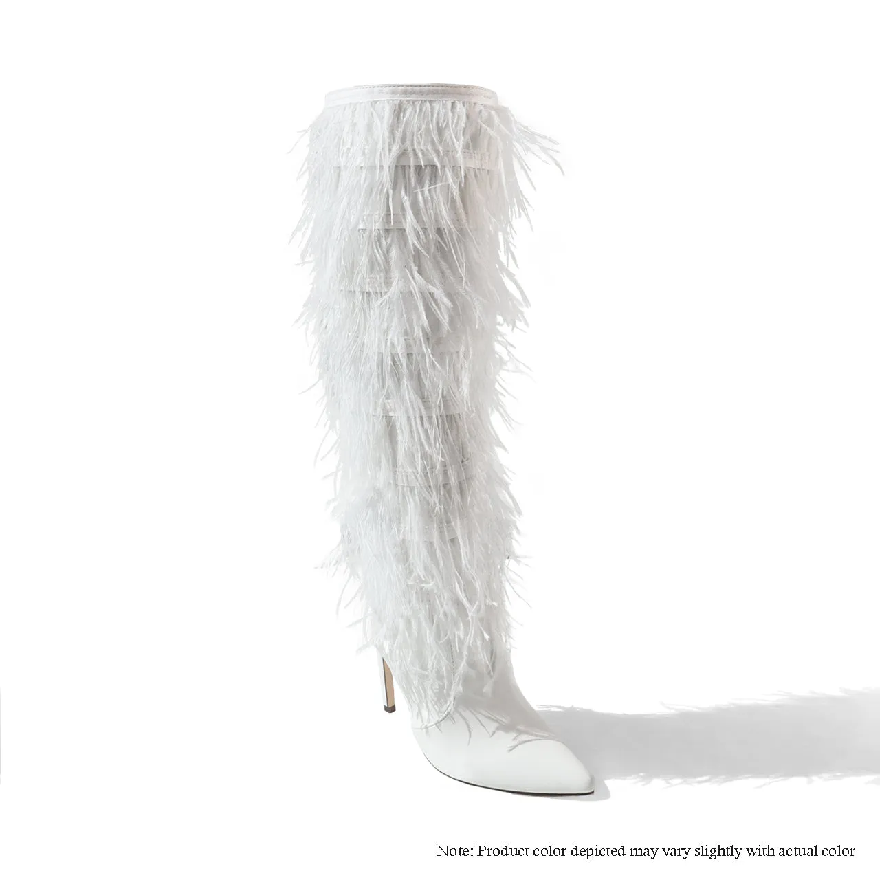 SCANDALOUS-3 THIGH HIGH BOOTS W/ OSTRICH FEATHER - WHITE