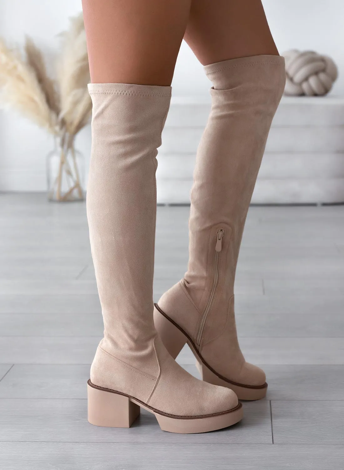 SLOANE - Alexoo beige suede thigh high boots