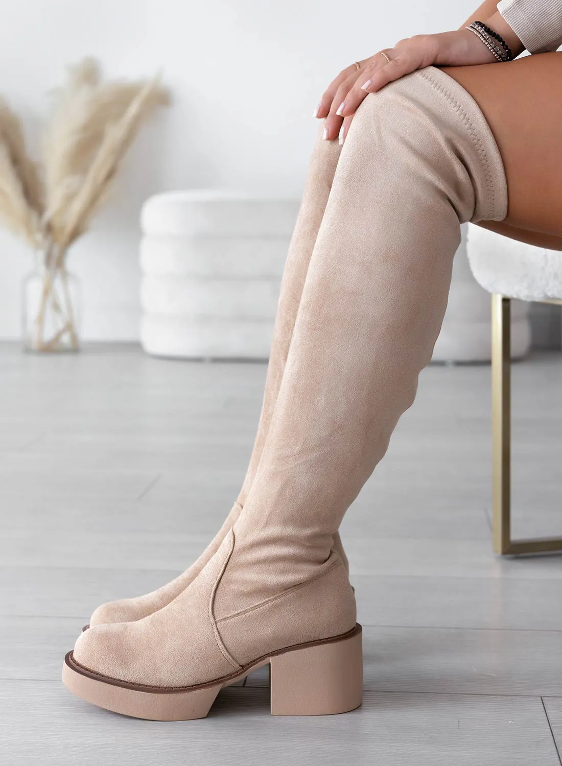 SLOANE - Alexoo beige suede thigh high boots