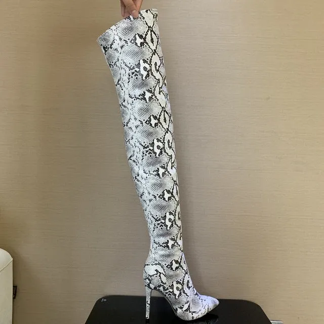 Snakeskin Pointed Toe Thigh High Sexy Over the Knee Boots for Women