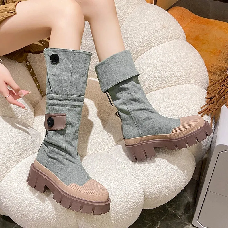 Sohiwoo  Chunky Platform Knee High Boots Women Denim Thick Bottom Cowboy Boots Woman Autumn Non-Slip Motorcycle Booties De Mujer