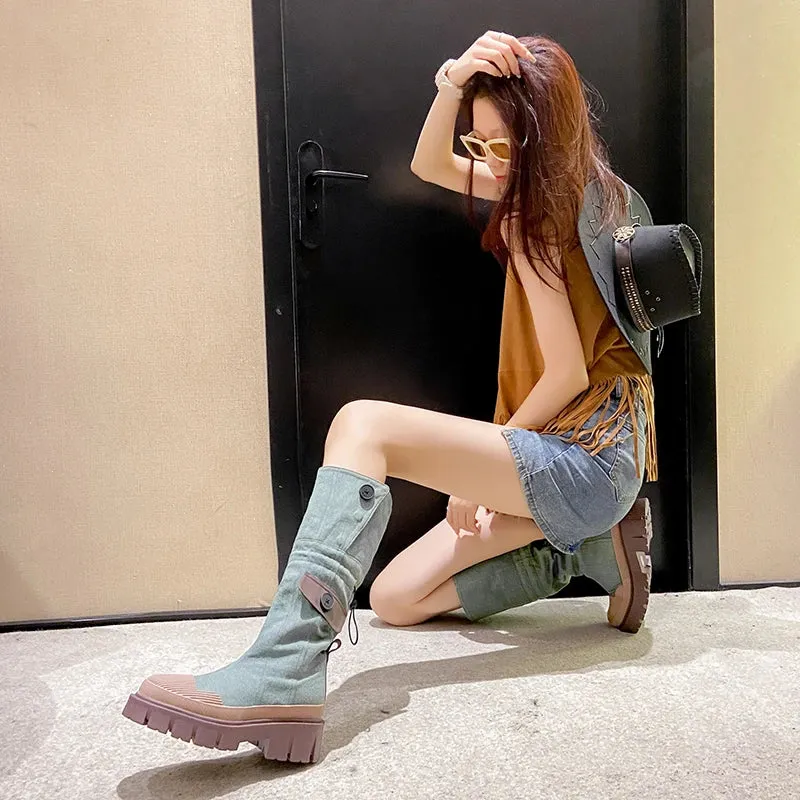 Sohiwoo  Chunky Platform Knee High Boots Women Denim Thick Bottom Cowboy Boots Woman Autumn Non-Slip Motorcycle Booties De Mujer