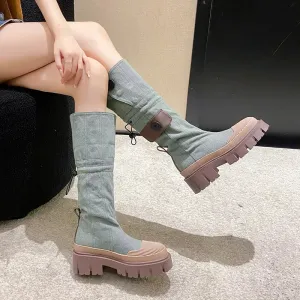 Sohiwoo  Chunky Platform Knee High Boots Women Denim Thick Bottom Cowboy Boots Woman Autumn Non-Slip Motorcycle Booties De Mujer
