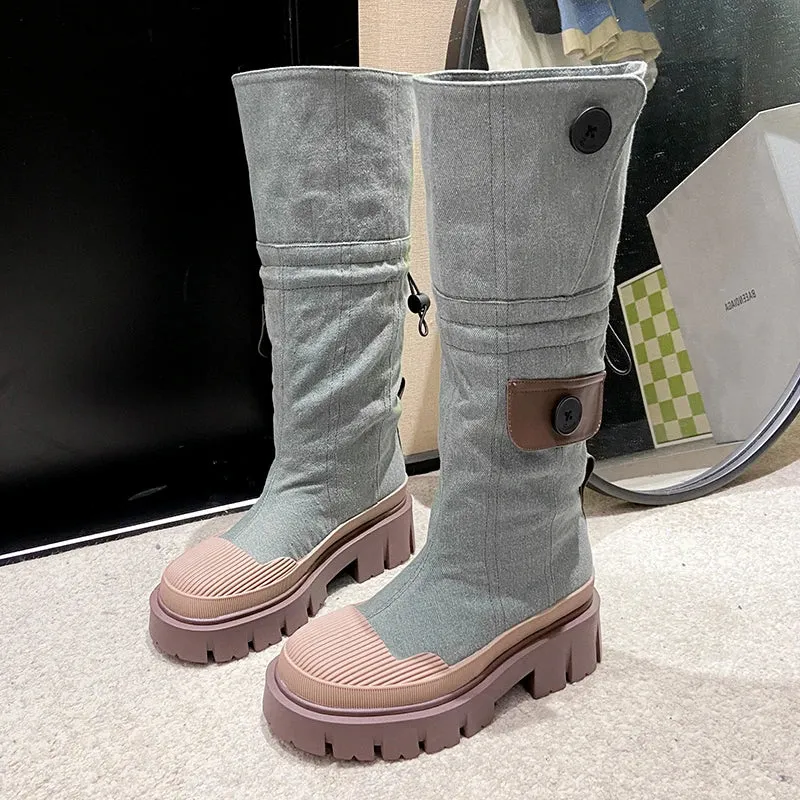 Sohiwoo  Chunky Platform Knee High Boots Women Denim Thick Bottom Cowboy Boots Woman Autumn Non-Slip Motorcycle Booties De Mujer