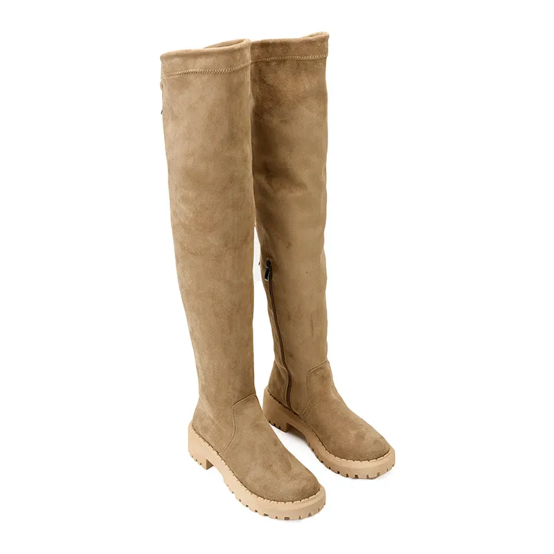 SUEDE THIGH HIGH BOOTS - KHAKI