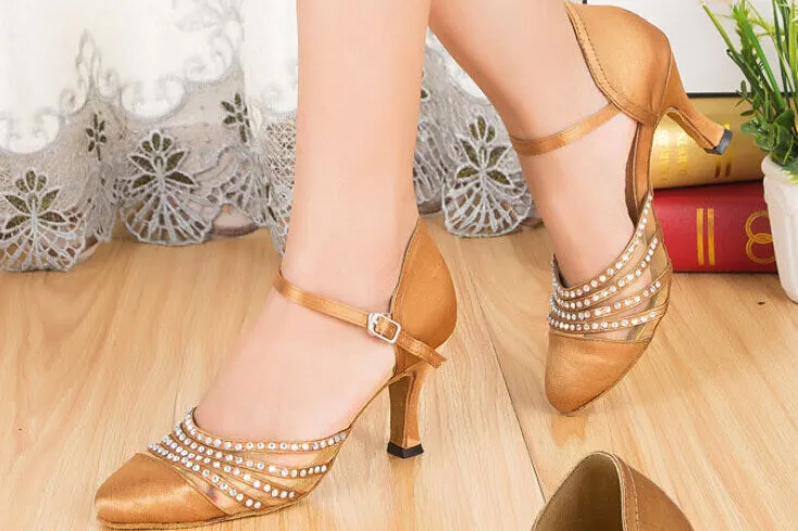 Tan Rhinestone Ballroom Closed Toe Dance Shoes Latin Salsa Dance Shoes