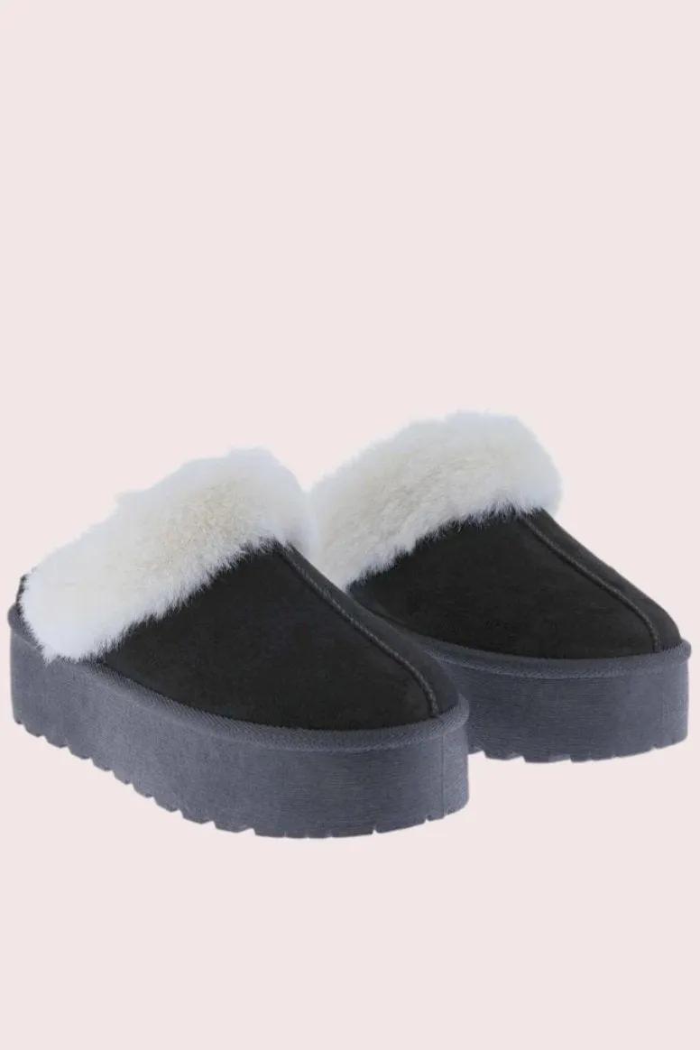 Thick Bottom Fur Trim Snow Slippers In Black