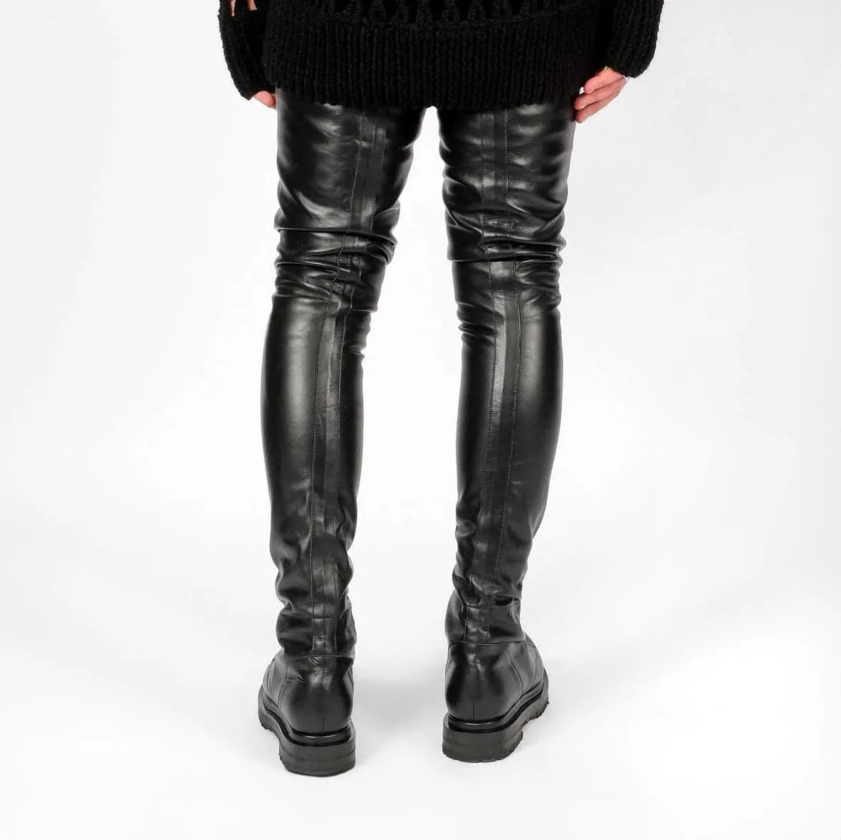 Thigh High Leather Flat Boots with Zippers