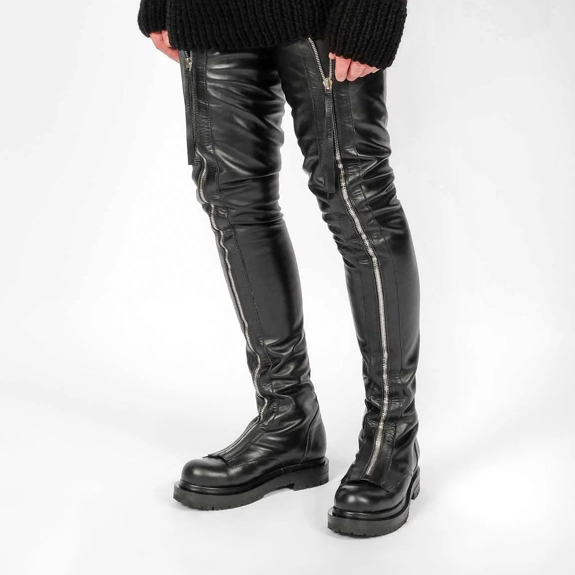 Thigh High Leather Flat Boots with Zippers