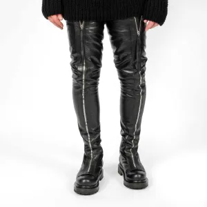 Thigh High Leather Flat Boots with Zippers