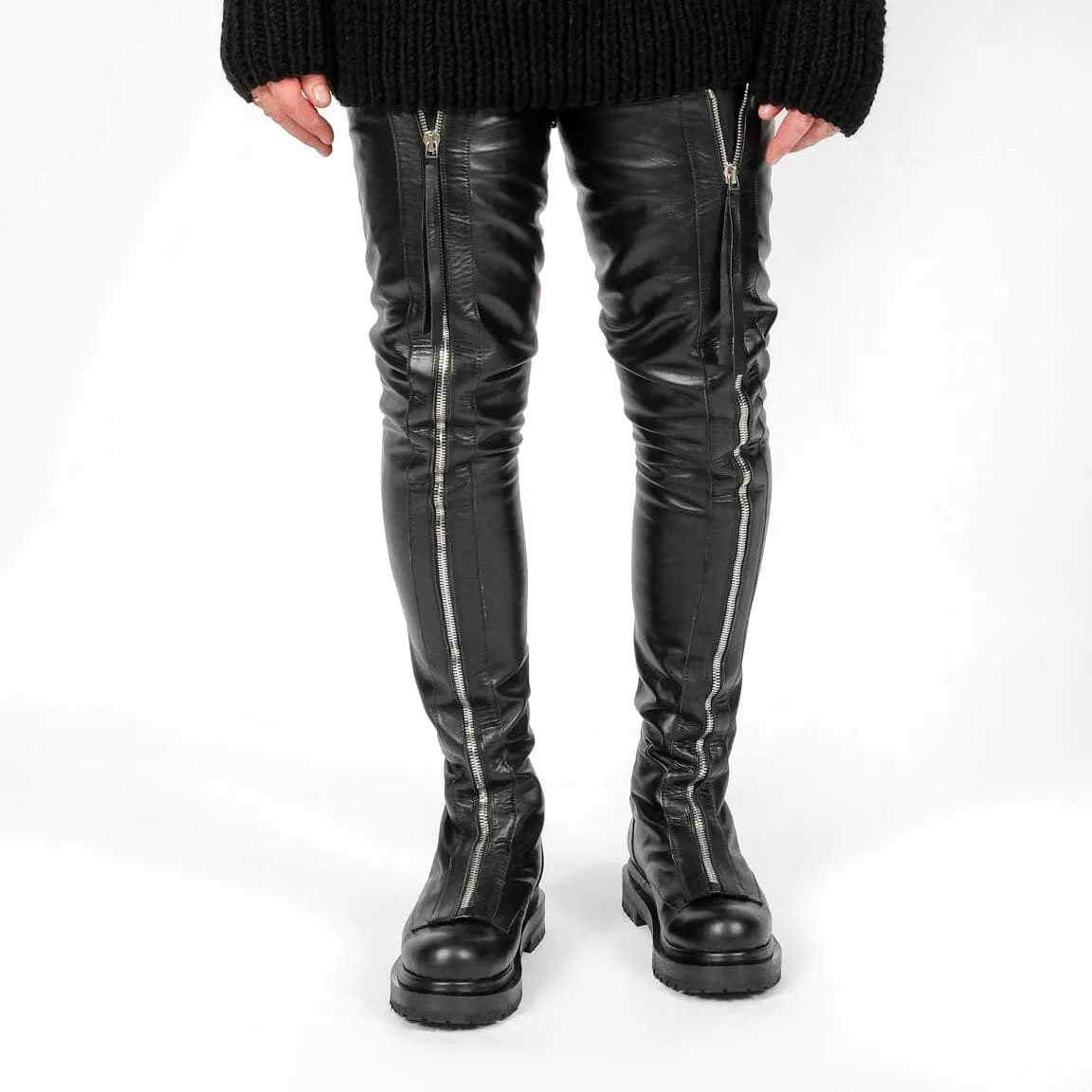 Thigh High Leather Flat Boots with Zippers