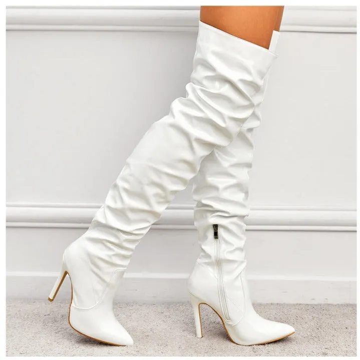Women Wrinkles Patent Leather Thigh High Boots Pointed Toe Over The Knee High Boots