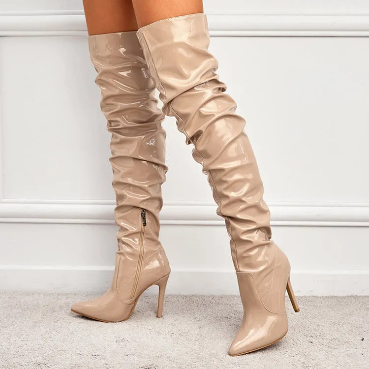 Women Wrinkles Patent Leather Thigh High Boots Pointed Toe Over The Knee High Boots