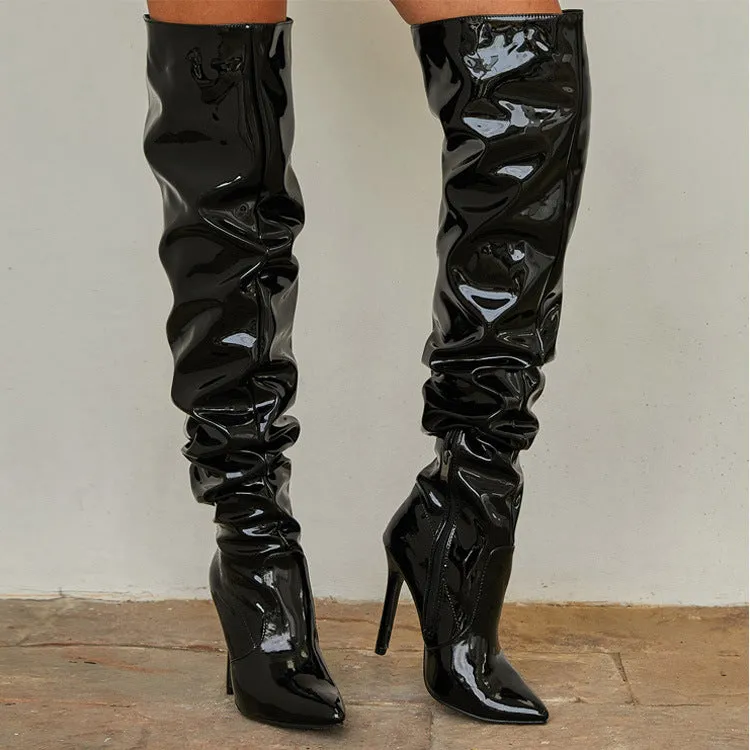 Women Wrinkles Patent Leather Thigh High Boots Pointed Toe Over The Knee High Boots