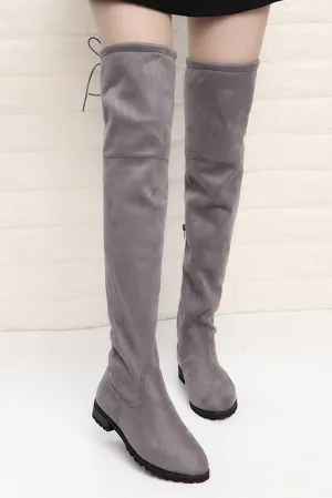 Women's Lace-up Suede Thigh High Boots Low Heel