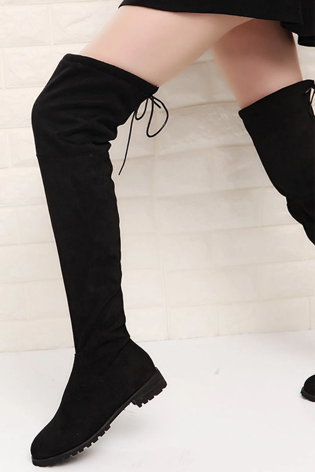 Women's Lace-up Suede Thigh High Boots Low Heel