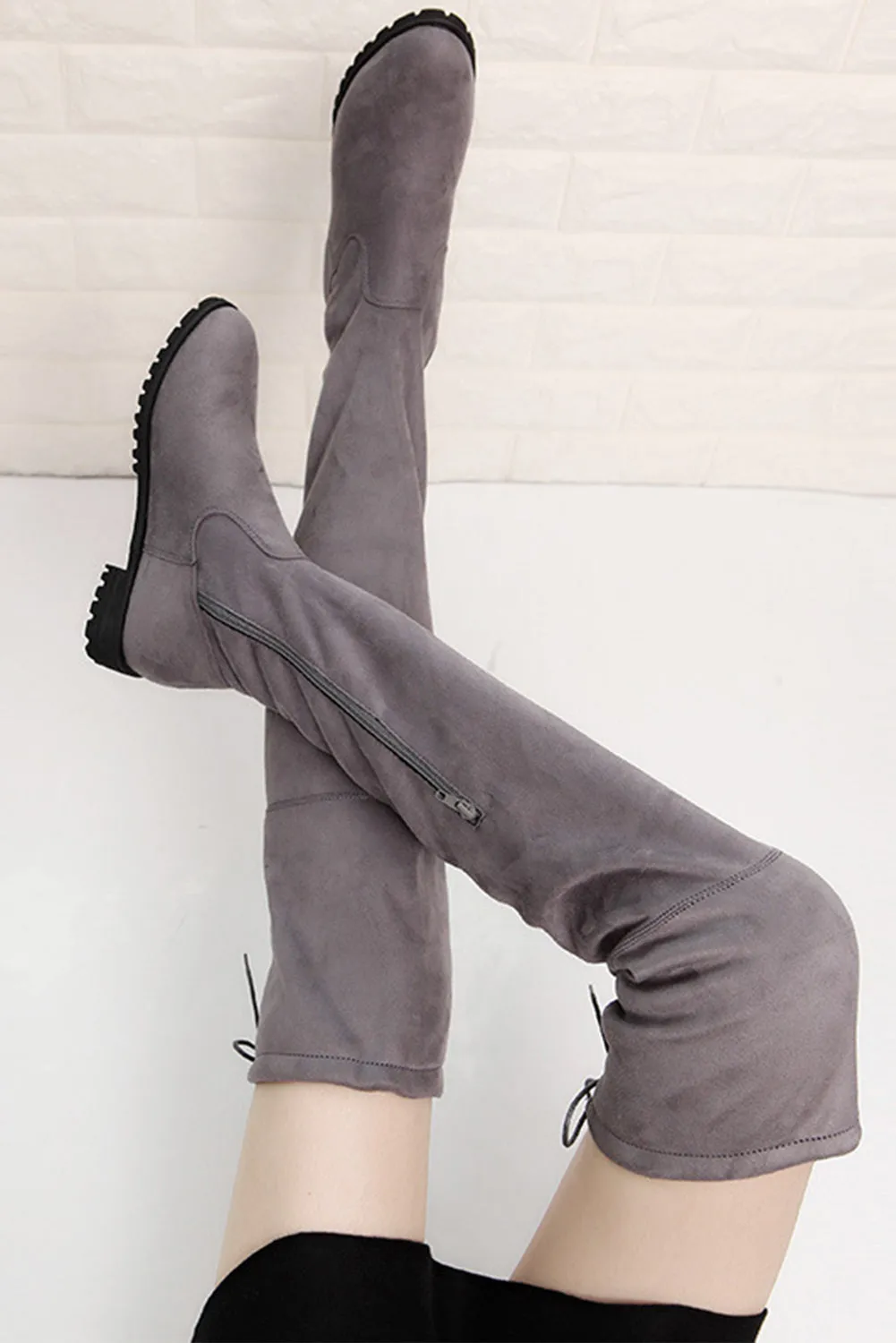 Women's Lace-up Suede Thigh High Boots Low Heel