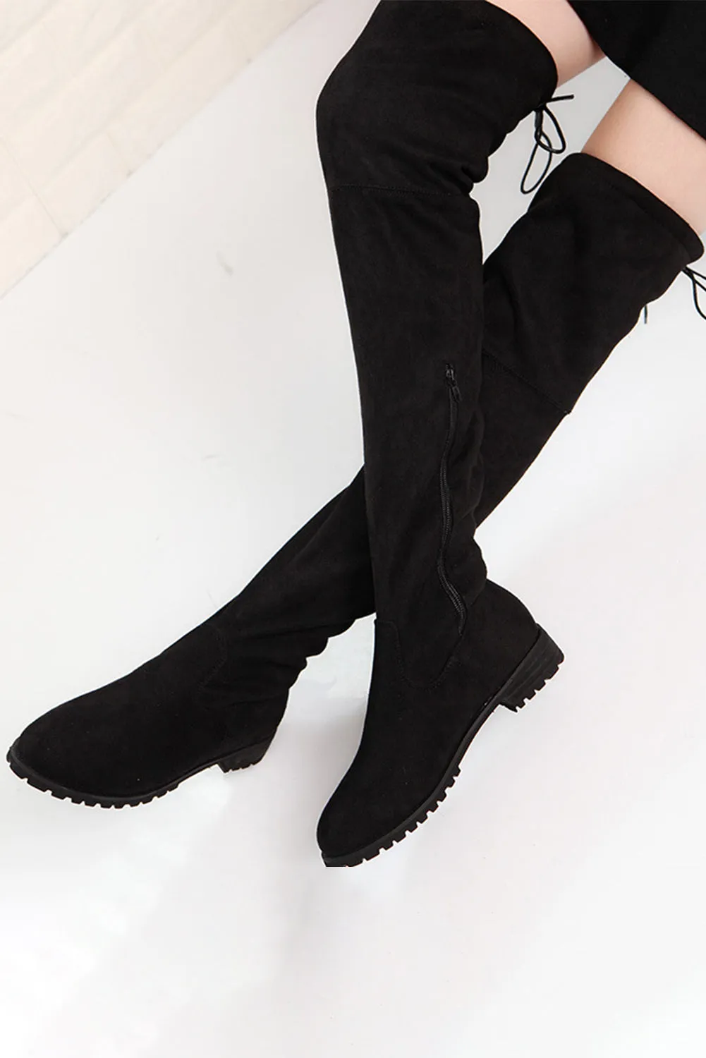 Women's Lace-up Suede Thigh High Boots Low Heel