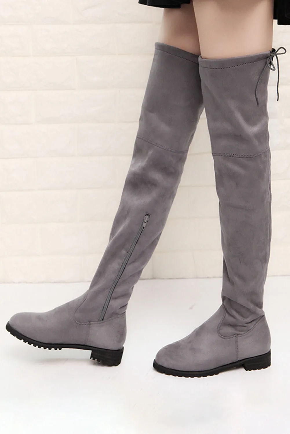 Women's Lace-up Suede Thigh High Boots Low Heel
