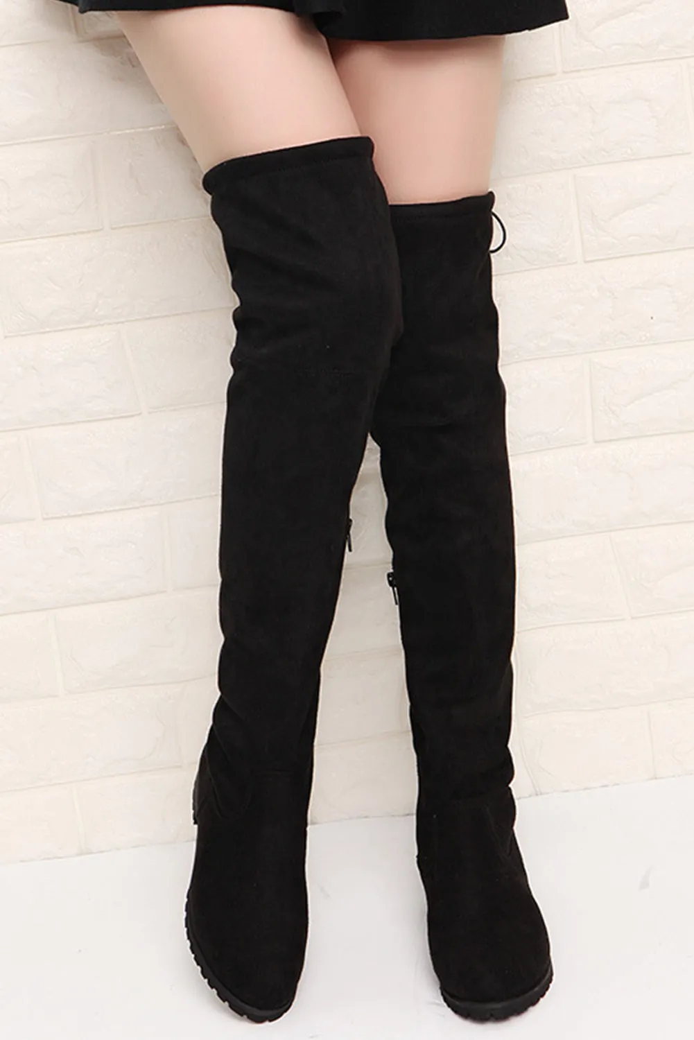 Women's Lace-up Suede Thigh High Boots Low Heel