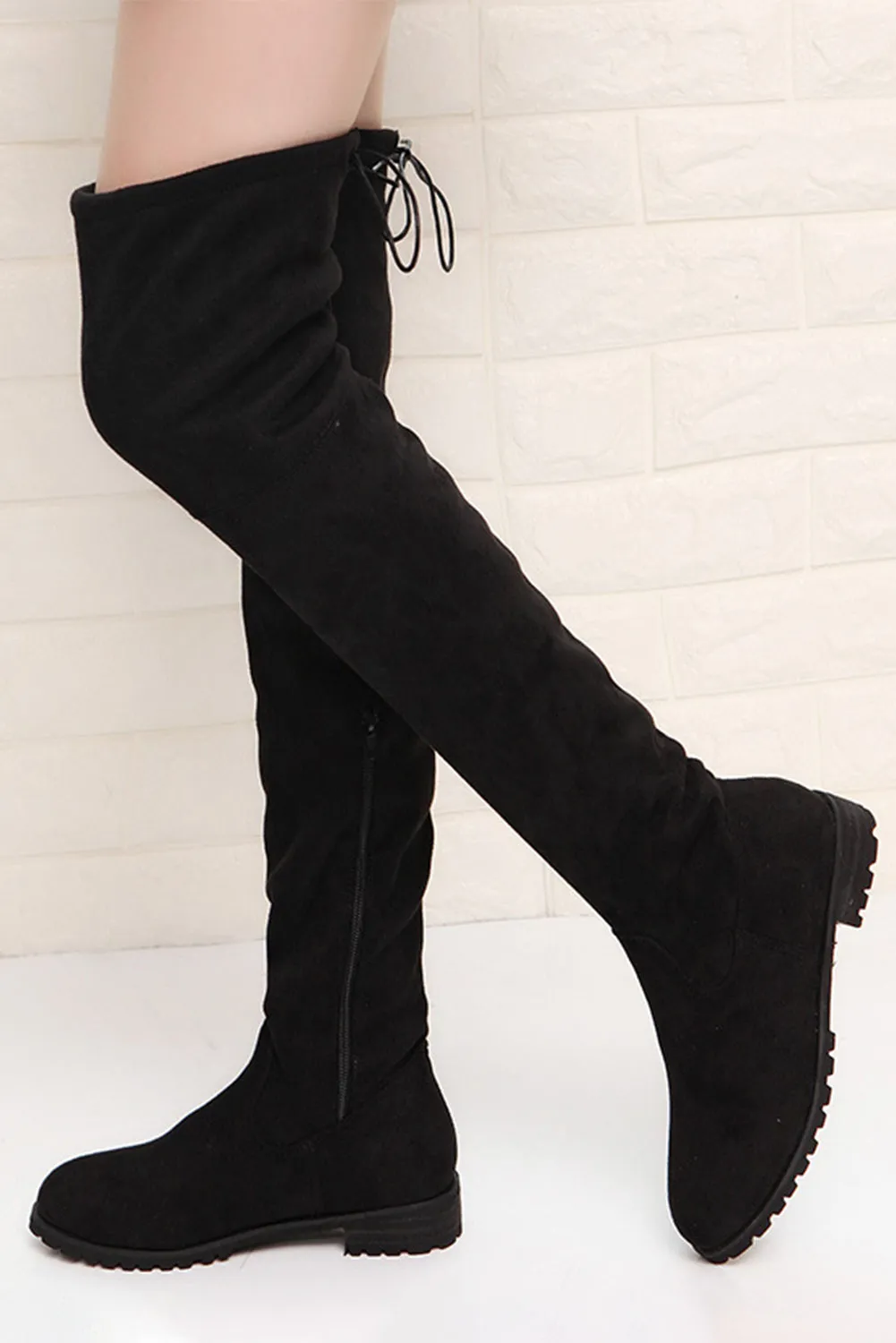 Women's Lace-up Suede Thigh High Boots Low Heel
