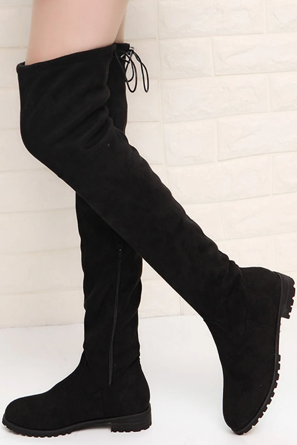 Women's Lace-up Suede Thigh High Boots Low Heel