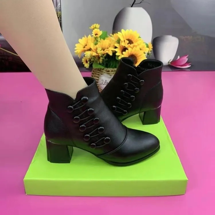 Women's Warm Side Button Leather Ankle Boots