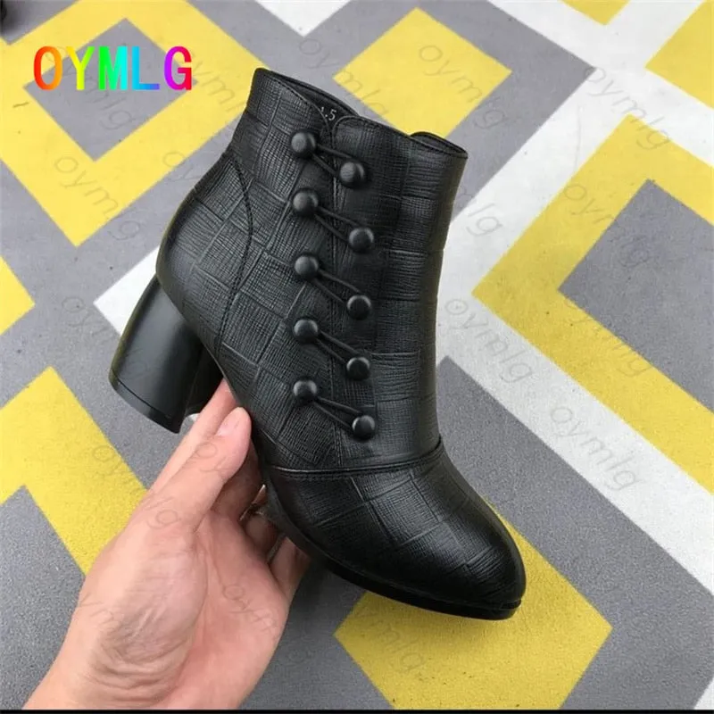 Women's Warm Side Button Leather Ankle Boots
