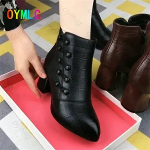 Women's Warm Side Button Leather Ankle Boots