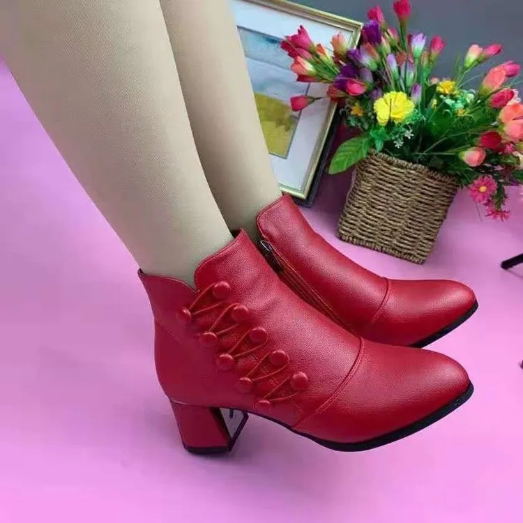 Women's Warm Side Button Leather Ankle Boots